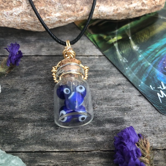 Evil Eye Protection Bottle Necklace Wire Wrapped - in Gold Wire - Picture 5 of 13